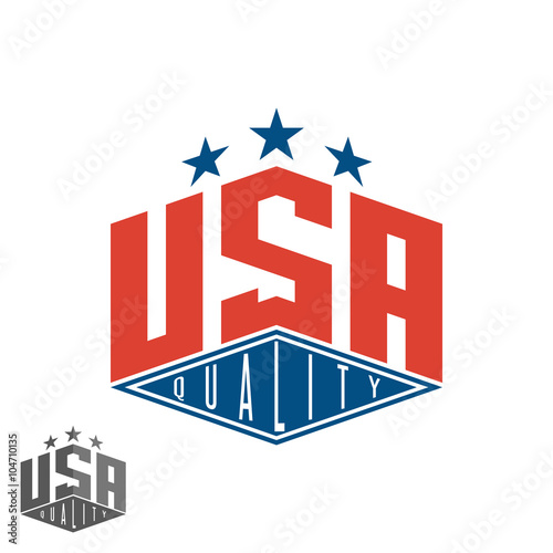 Quality USA logo, colored flag of America print graphic lettering t-shirt mockup, american export poster design element