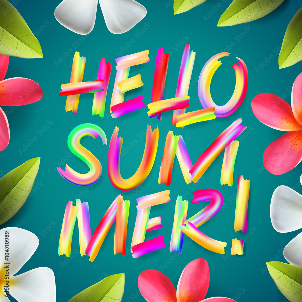 Hello Summer, typographic design on a tropical floral background, vector illustration.