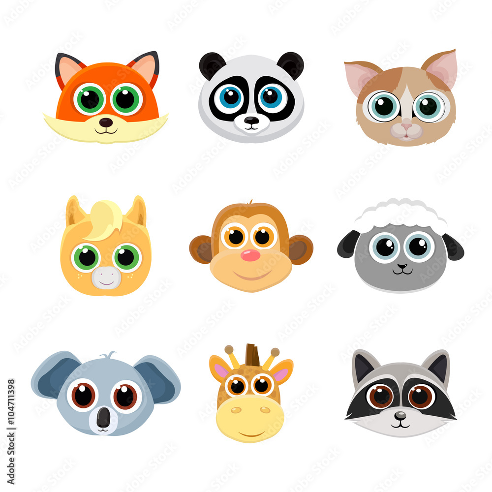 Collection of cute animal faces including fox, panda, cat, pony, monkey, giraffe, koala, sheep and raccoon. Color vector illustration. Collection of cute animal faces including fox, panda, cat, pony, monkey, giraffe, koala, sheep and raccoon. Color vector illustration.