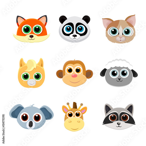 Collection of cute animal faces including fox, panda, cat, pony, monkey, giraffe, koala, sheep and raccoon. Color vector illustration.