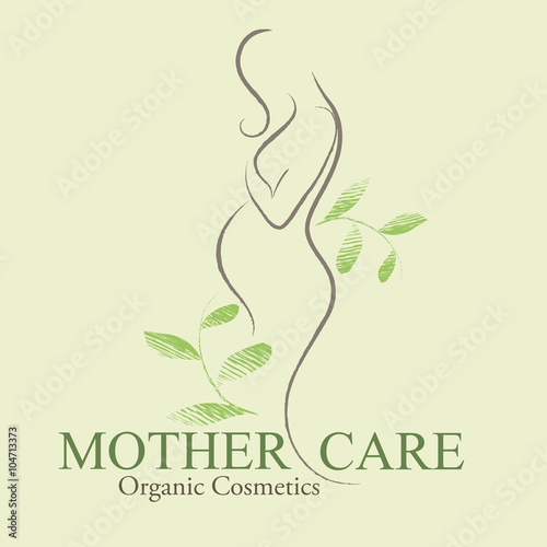 Outlined silhouette of expectant woman decorated by elegant green leaves
