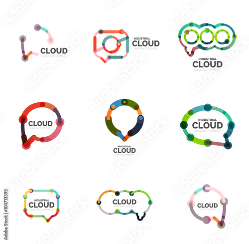 Set of flat linear design speech cloud logos. Talk bubbles, modern geometric industrial thin line icons