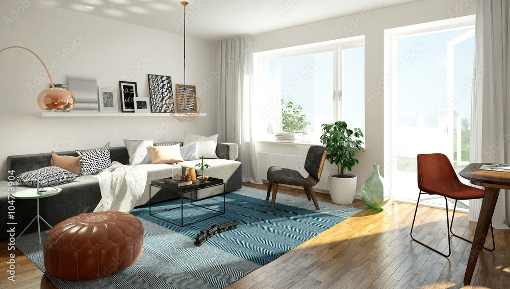 3D rendering of a modern living room - obrazy, fototapety, plakaty 