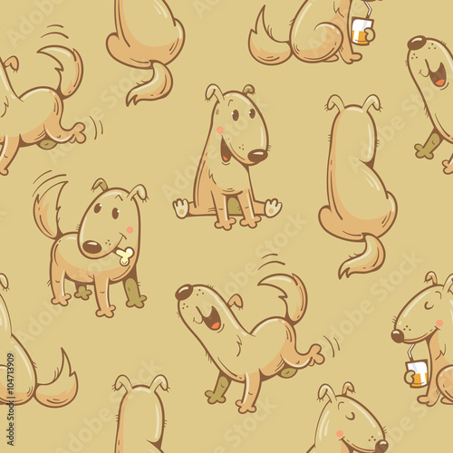 Seamless pattern with cartoon funny dogs on beige background. Cute puppies. Vector image.