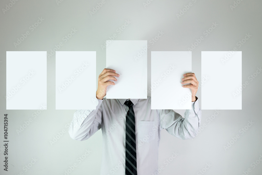 Office boy with five empty white cards Office boy with five empty white cards