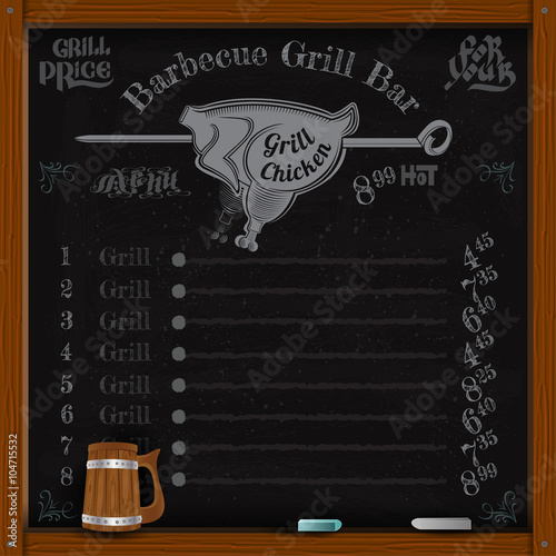 chicken grill on spit. Grill menu on black chalkboard