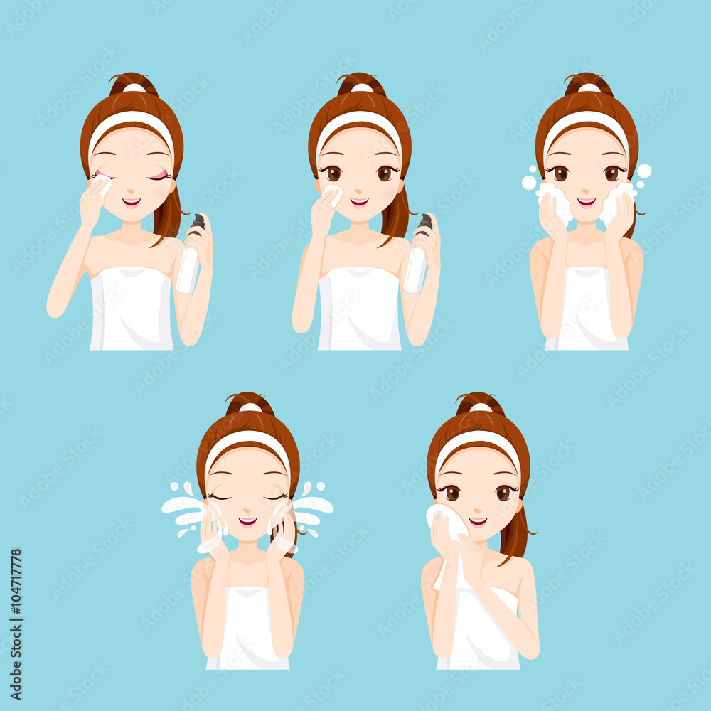 Girl Cleaning And Care Her Face With Various Actions Set, Facial, Beauty, Cosmetic, Makeup, Health, Lifestyle, Fashion Girl Cleaning And Care Her Face With Various Actions Set, Facial, Beauty, Cosmetic, Makeup, Health, Lifestyle, Fashion