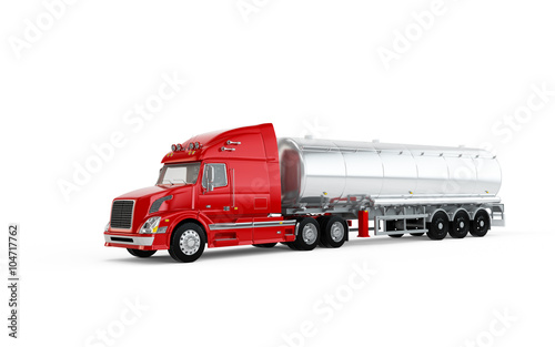 Red american truck with big cistern isolated on white background