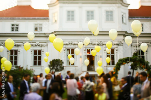 Canvas Print many flying yellow balloons background castle and guests Vienne