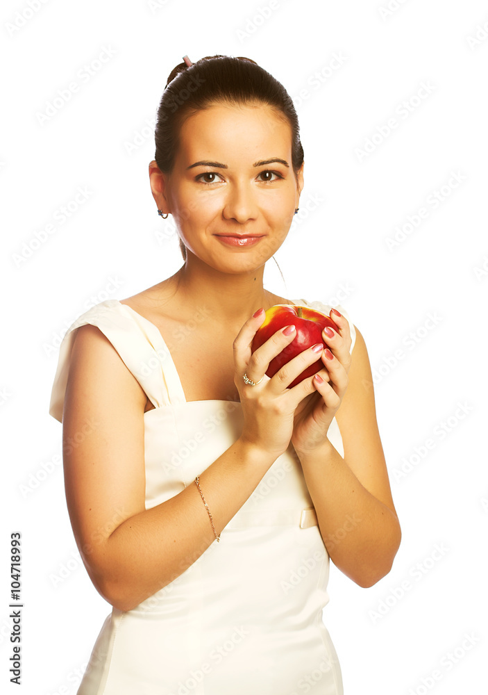young smiling woman with red apple. young smiling woman with red apple.