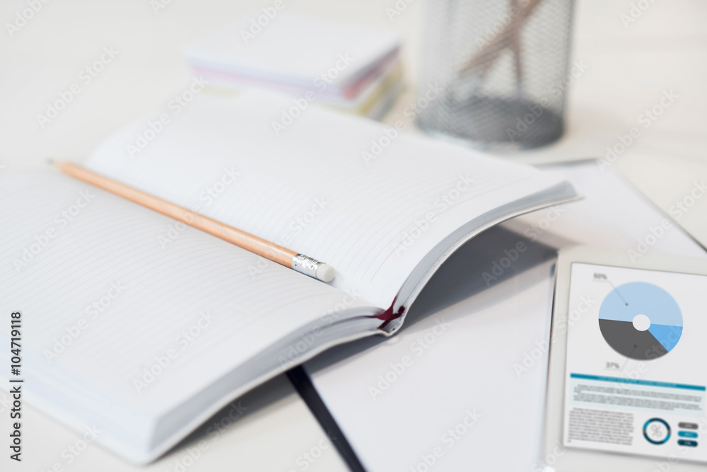 Notebook with pencil lying on the table Notebook with pencil lying on the table