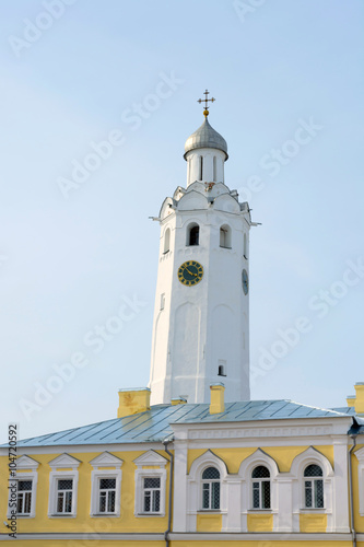 The clock tower of the Novgorod Kremlin. Bell tower with clock. Fortress of Great Novgorod. UNESCO world heritage site. Novgorod citadel. Veliky Novgorod - ancient and famous Russian cities. 