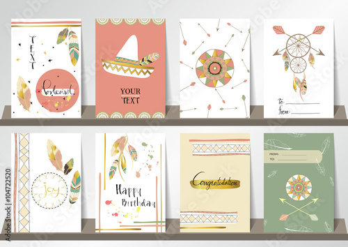 Light green gold pink card template in boho style on valentine's