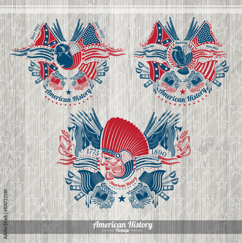 Indian bison and eagle with flags and weapons around. Set american history military banners