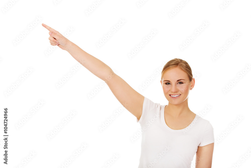 Student woman showing copyspace or something Student woman showing copyspace or something