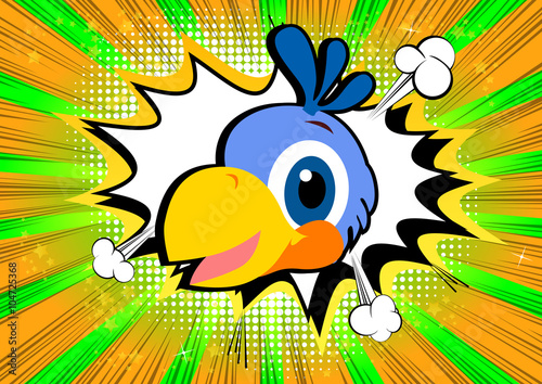Parrot head on comic book style background.