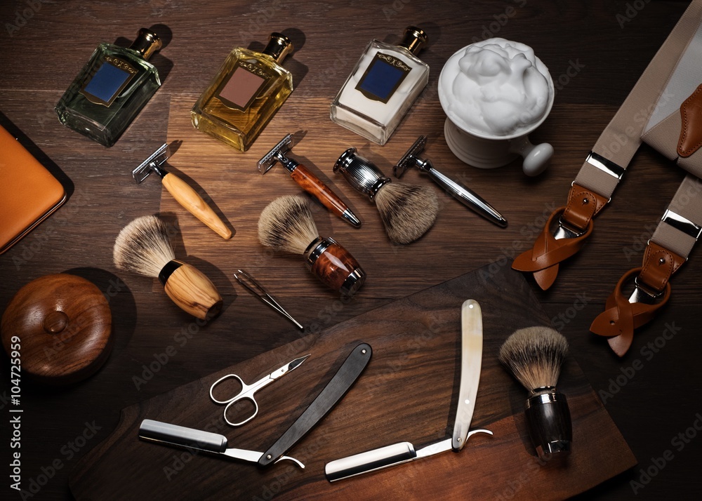 Gentleman's accessories on a luxury wooden board Gentleman's accessories on a luxury wooden board