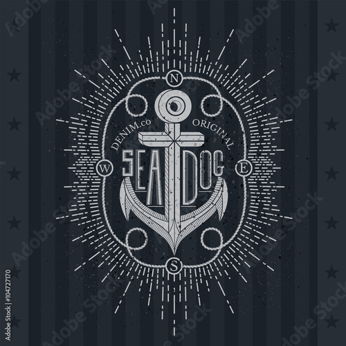 White Anchor On Blackboard. Vintage Label, Grunge Background. Typography Elements
