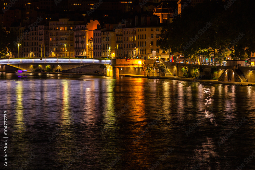 Cityscape of Lyon, France at night