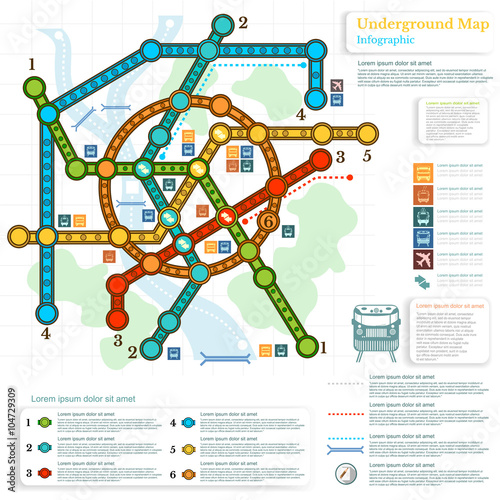 Печатьunderground infographic with lines of metro on city map and topography simbols