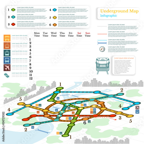 underground infographic with lines of metro on city map. Topography simbols, timetable on week and othe info