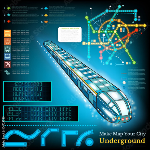 Underground infographic with sample lines of metro and map. Sample station display letters numbers