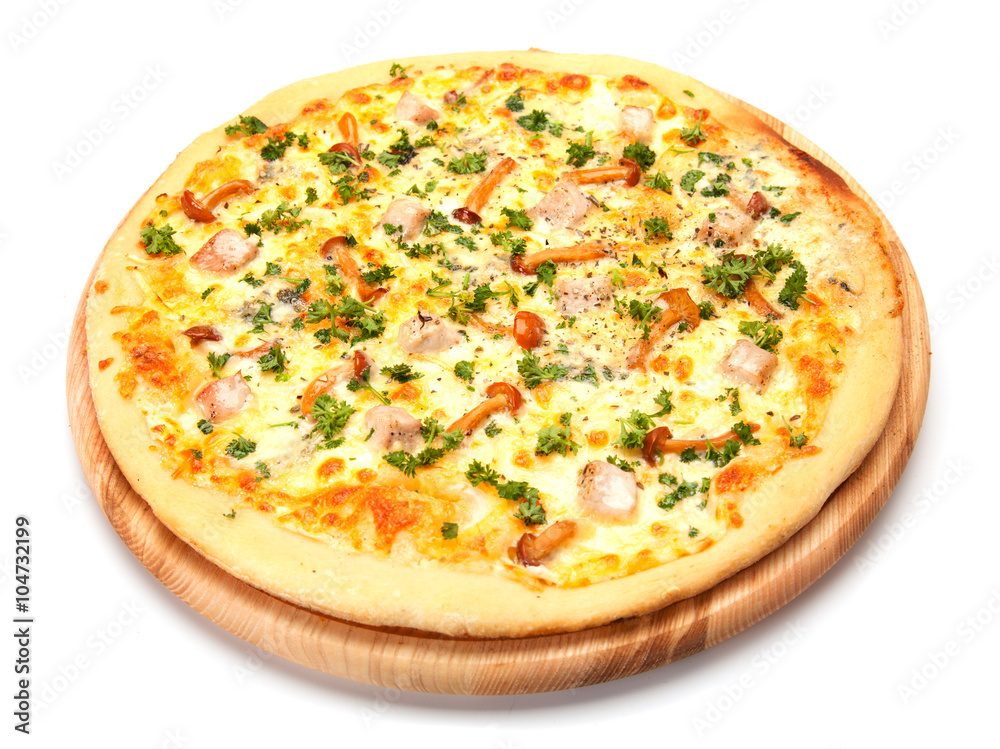 Pizza with chicken and mushrooms. High angle view