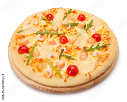 Pizza with seafood. High angle view