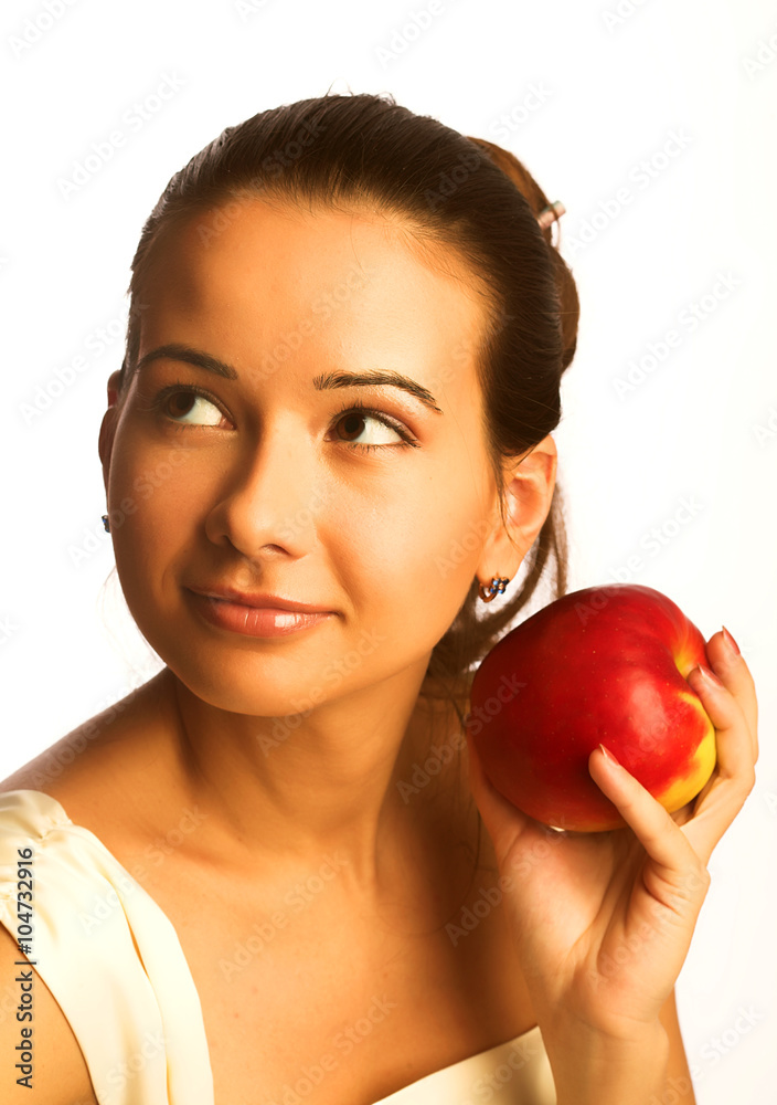Pretty young smiling woman with red apple. Pretty young smiling woman with red apple.