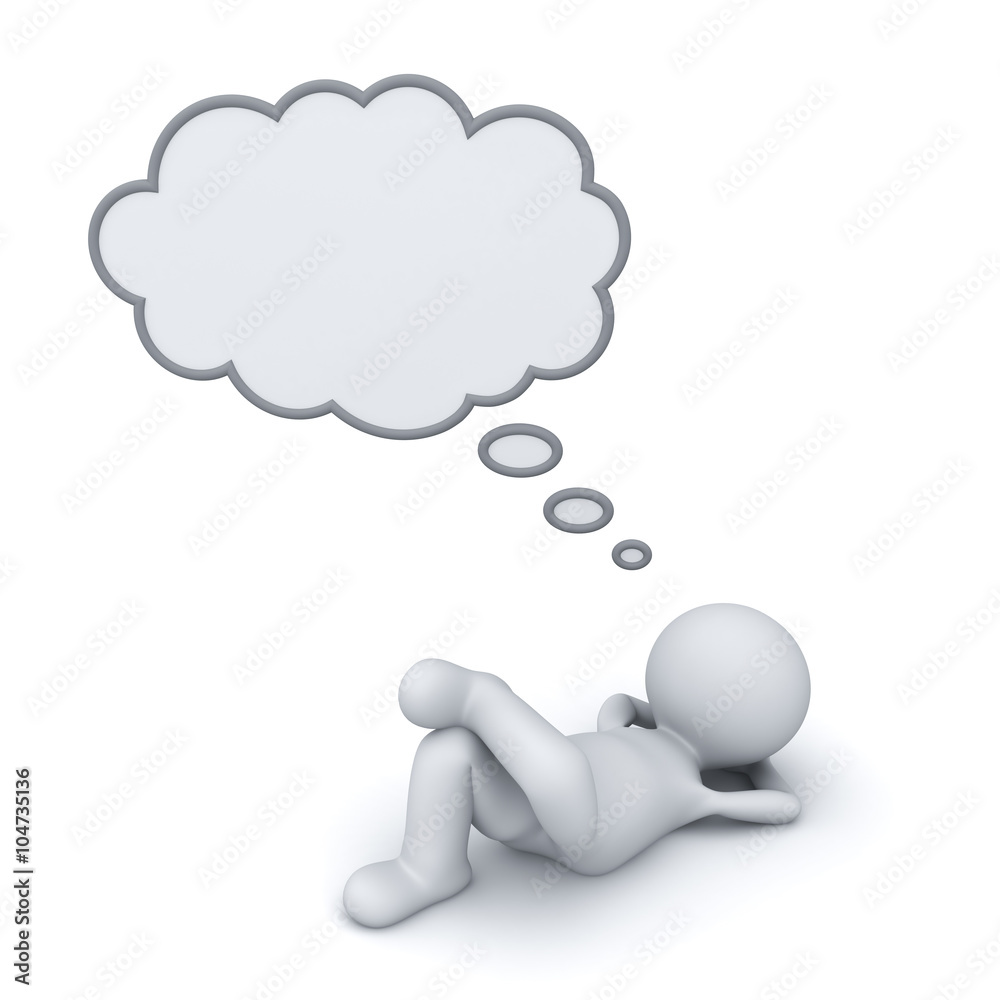 3d man lying down with blank thinking bubble isolated on white floor background 3d man lying down with blank thinking bubble isolated on white floor background