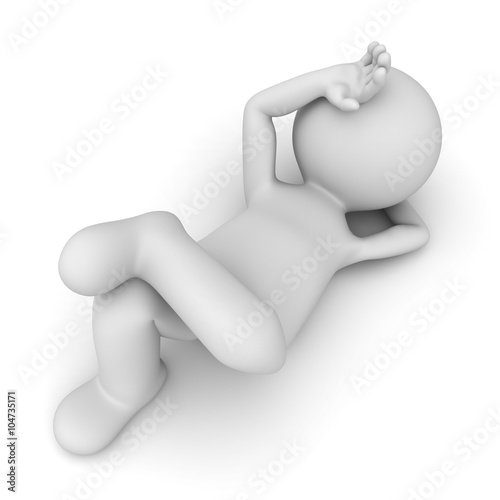 3d man lying down and thinking on white floor background suffering insomnia concept