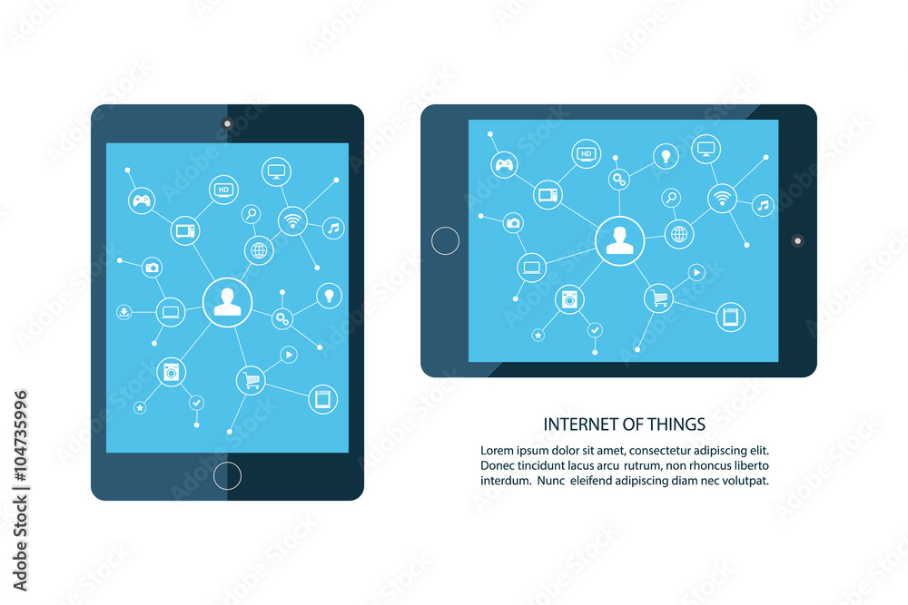 Internet of things concept. Mobile tablet and smart home devices icons. Consumer and connected devices. Internet networking, online shopping. Vector illustration.