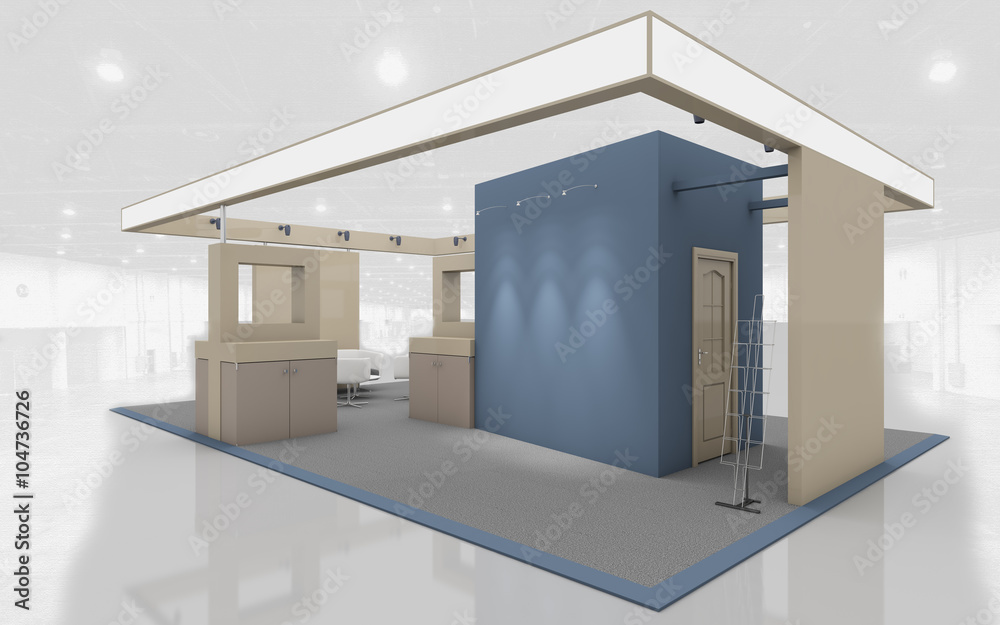 Exhibition Stand in Blue and Beige colors 3d Rendering