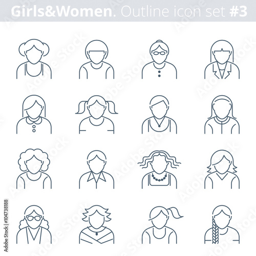 Thin line vector avatars group of people. Girl and woman avatars set on white background. Premium quality outline people icon collection. Suitable for infographics, web graphics, social networks, etc.