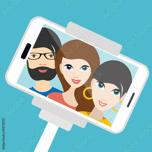 Three friends making summer selfie photo. Vector cartoon illustration.