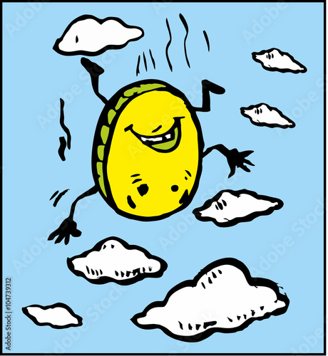 cartoon coin fall into the clouds of crisis and default and inflation, depreciation