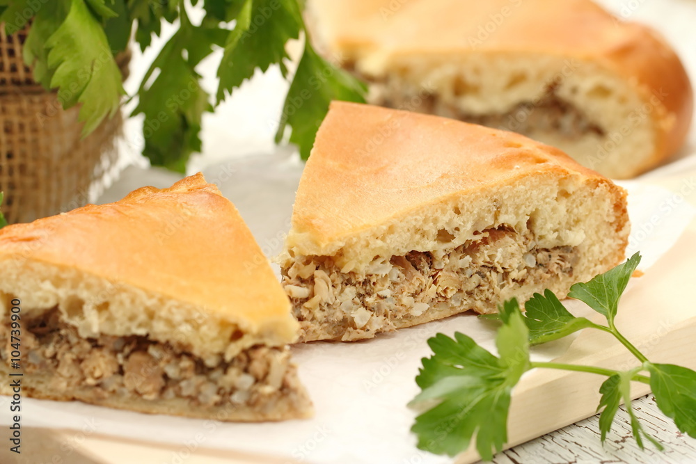 Traditional russian pie with meat and rice