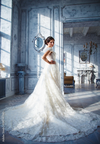 beautiful brunette bride in a luxurious wedding dress in elegant expensive interior