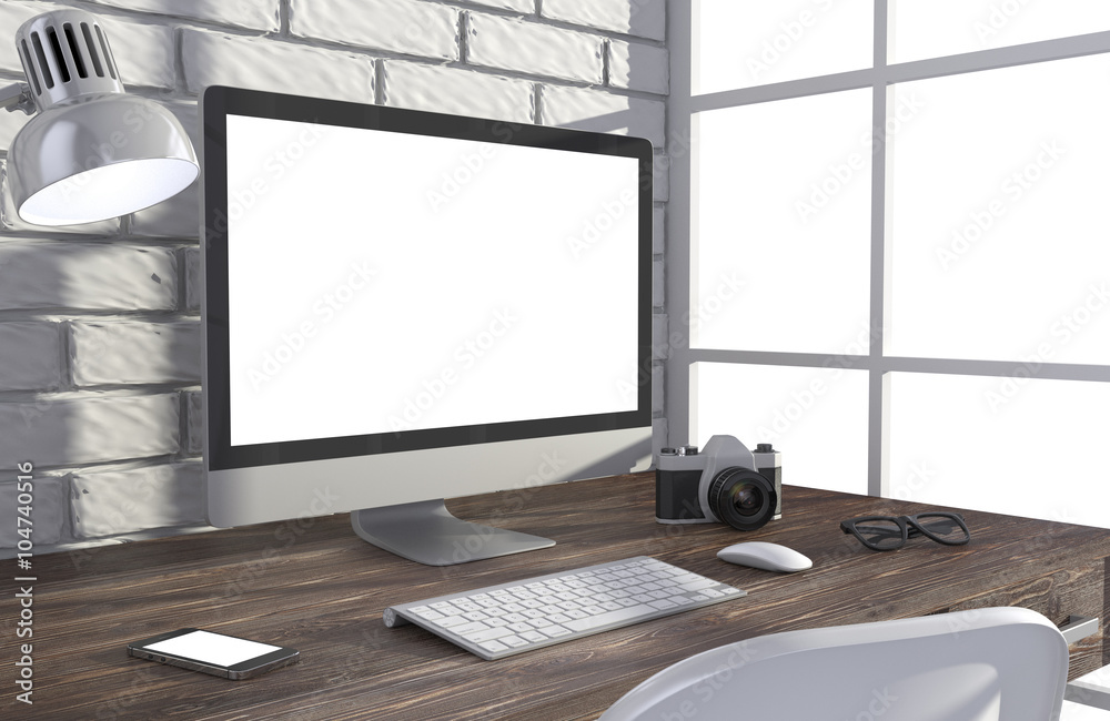 Fototapeta premium 3D illustration PC screen on table in office, Workspace