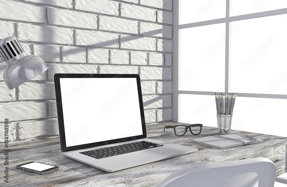 Fototapeta premium 3D illustration laptop and work stuff on table near brick wall, Workspace