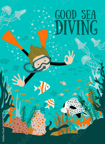 Scuba divers under water. Vector illustration.