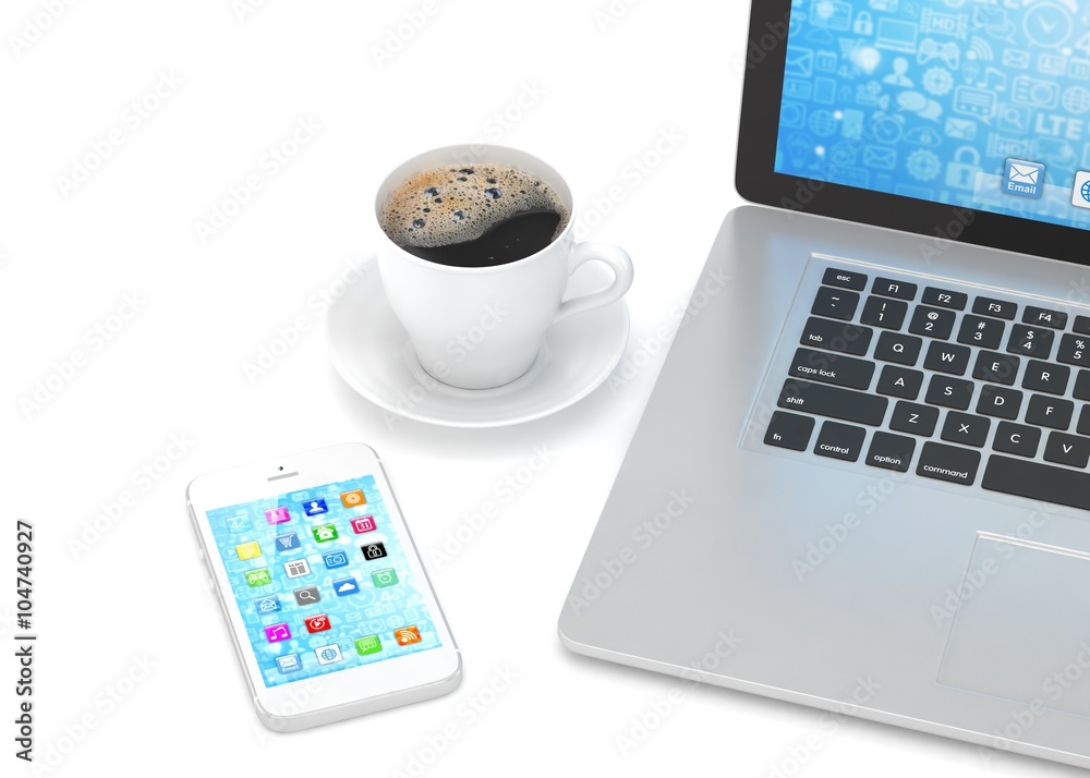 Laptop smartphone and coffee cup Laptop smartphone and coffee cup