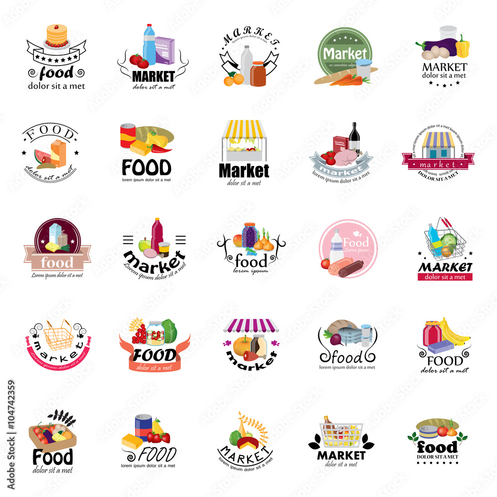 Food And Market Icons Set-Isolated On White Background:Vector Illustration,Graphic Design.For Web,Websites,Print, App,Presentation Templates,Mobile Applications And Promotional Materials.Shopping Tag