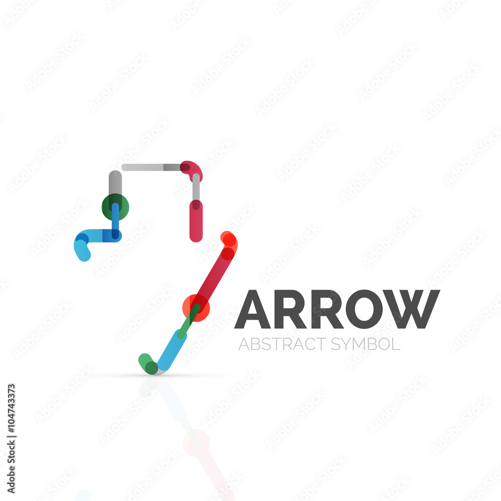 Linear arrow abstract logo, connected multicolored segments of lines in directional pointer figure Linear arrow abstract logo, connected multicolored segments of lines in directional pointer figure