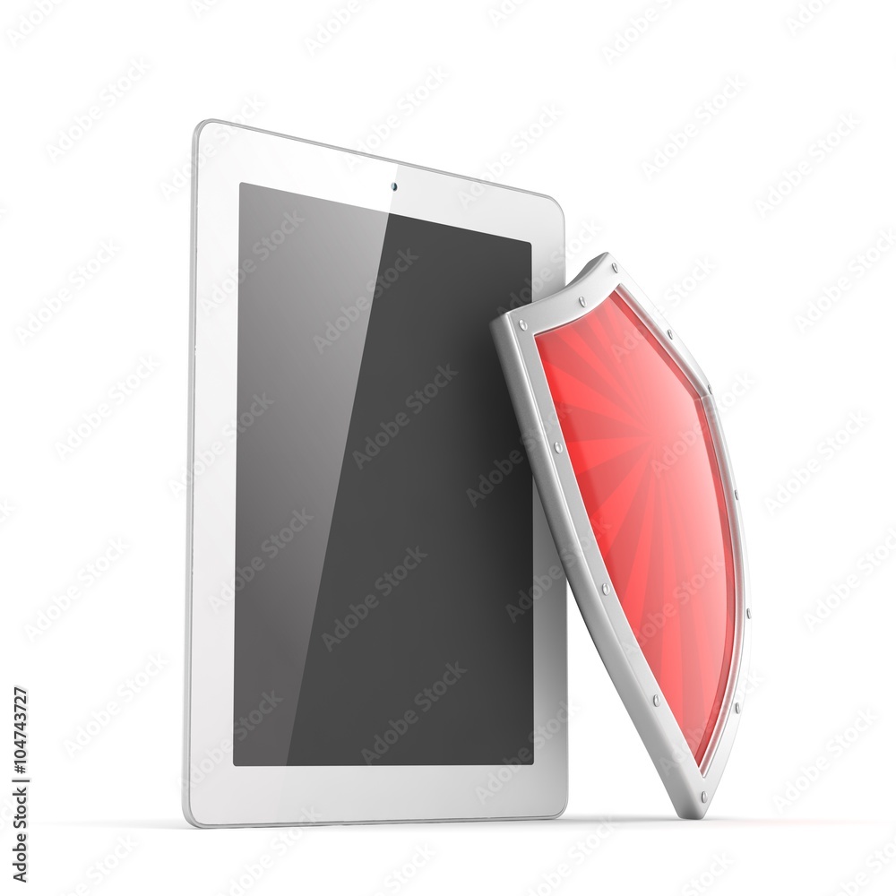 Tablet PC and shield on whute device security concept Tablet PC and shield on whute device security concept