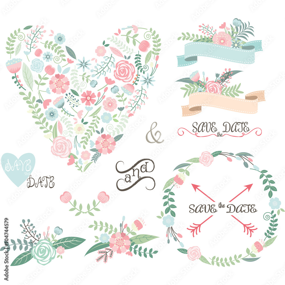 Wedding Floral set.Labels,Ribbons,Hearts,Arrows,Flowers,Wreaths. Wedding Floral set.Labels,Ribbons,Hearts,Arrows,Flowers,Wreaths.