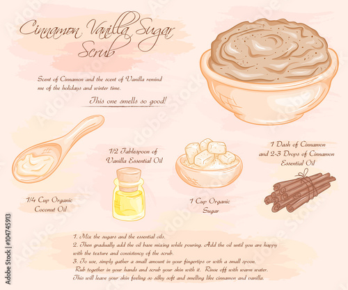 vector hand drawn illustration of  cinnamon vanilla sugar scrub recipe