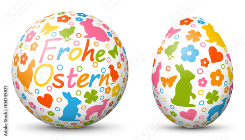 3D Vector Kugel und Ei - Sphäre und Oval isoliert auf reinem Weiß - Frohe Ostern - farbige, bunte Ostersymbole - Ostergrüße. Weißer Hintergrund - Freigestellt mit Schatten. Happy Easter Egg.