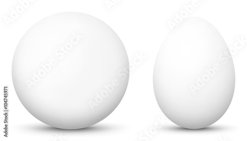 3D Vector Kugel und Ei - Sphäre und Oval isoliert auf reinem Weiß - Weißer Hintergrund - Freigestellt mit Schatten. Weiße Kugel und weißes Ei - Blanko unbedruckt.