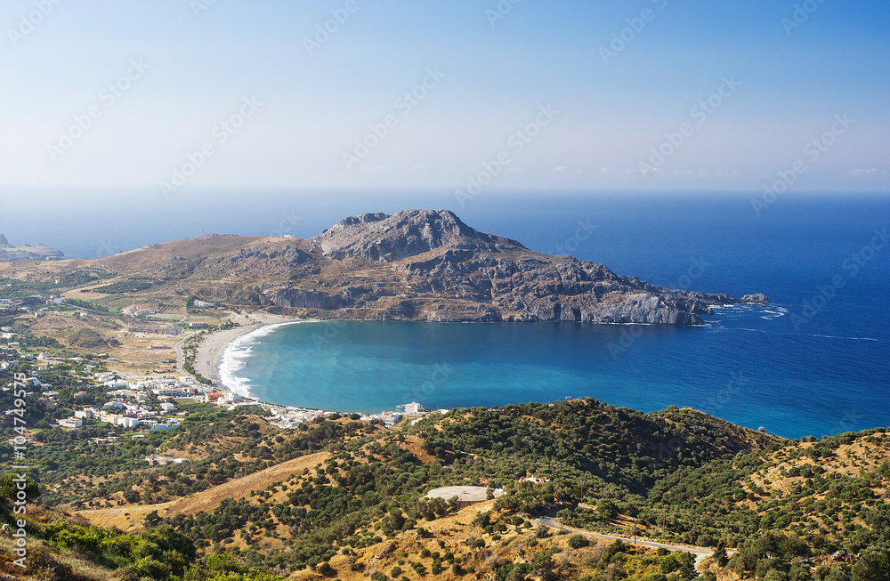 Plakias village and Plakias beach. Crete island, Greece.  Plakias is a village on the south coast of the Greek island of Crete, in the Rethymno regional unit.